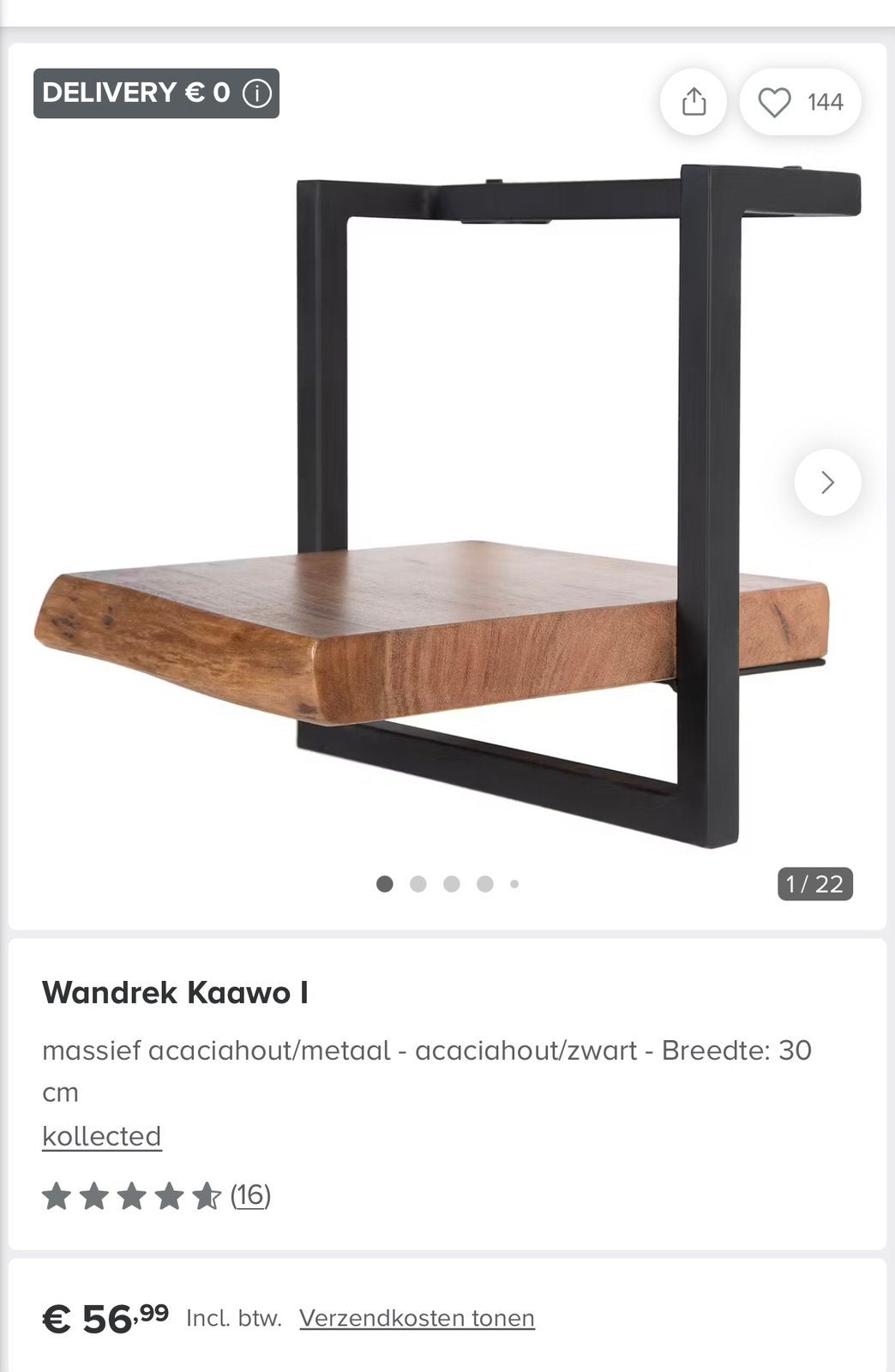 Mooi wandplankje Kawo gemaakt van massief acaciahout, Ophalen of Verzenden, Zo goed als nieuw
