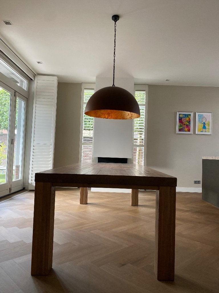Grote industriële hanglamp met gouden binnenkant, Huis en Inrichting, Lampen | Hanglampen, Ophalen, E27 (groot), Zo goed als nieuw