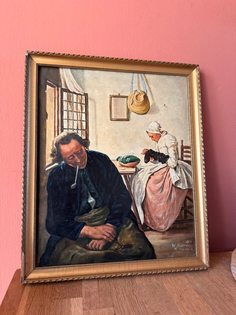 Antiek olieverfschilderij W.H. Aberson - interieur handwerk, Antiek en Kunst, Kunst | Schilderijen | Klassiek, Ophalen of Verzenden