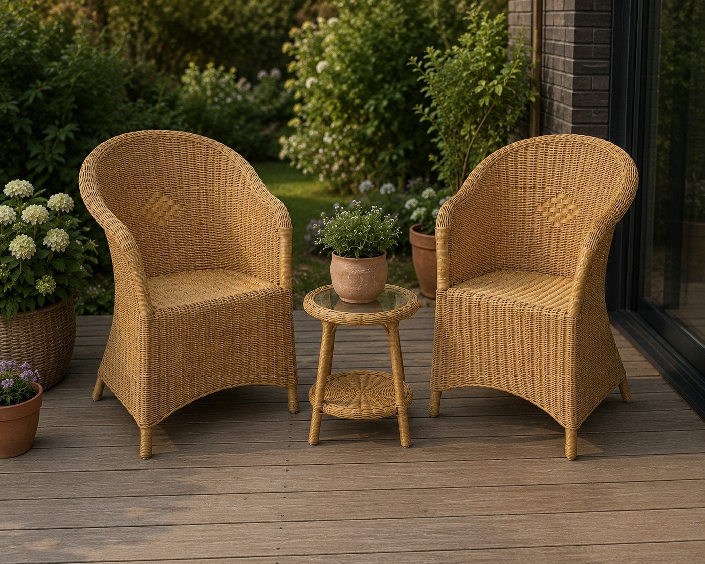 Set van 2 rotan fauteuils met kussens, Huis en Inrichting, Stoelen, Ophalen, Zo goed als nieuw, Twee