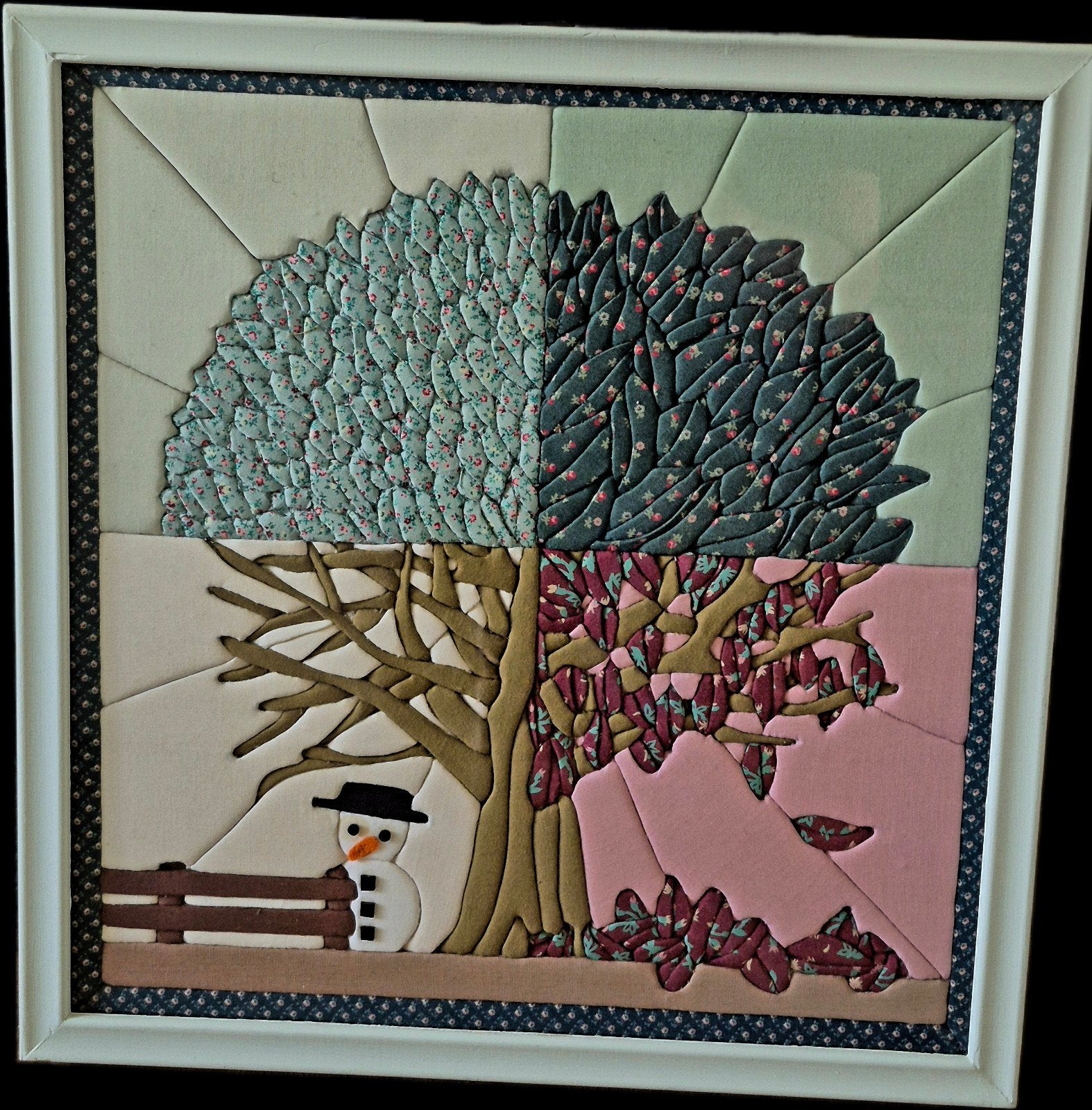 Handgemaakt stoffen schilderij - 4 seizoenen - 42x44cm, Minder dan 50 cm, Gebruikt, Ophalen of Verzenden, Schilderij