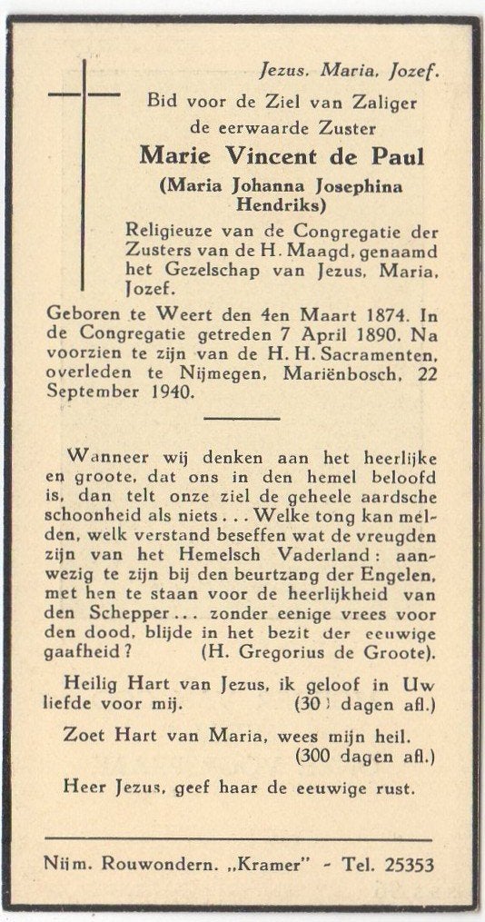 zr. Maria J.J. Hendriks 1874 Weert + 1940 Nijmegen, 66 jaar, Verzamelen, Bidprentjes en Rouwkaarten, Verzenden
