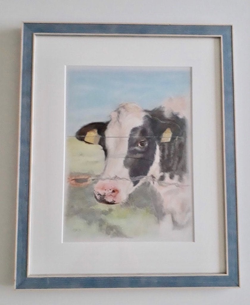 Schilderij koetje omgeving Valkenburg, Antiek en Kunst, Pastel, Papier/karton, Ophalen of Verzenden, Dieren