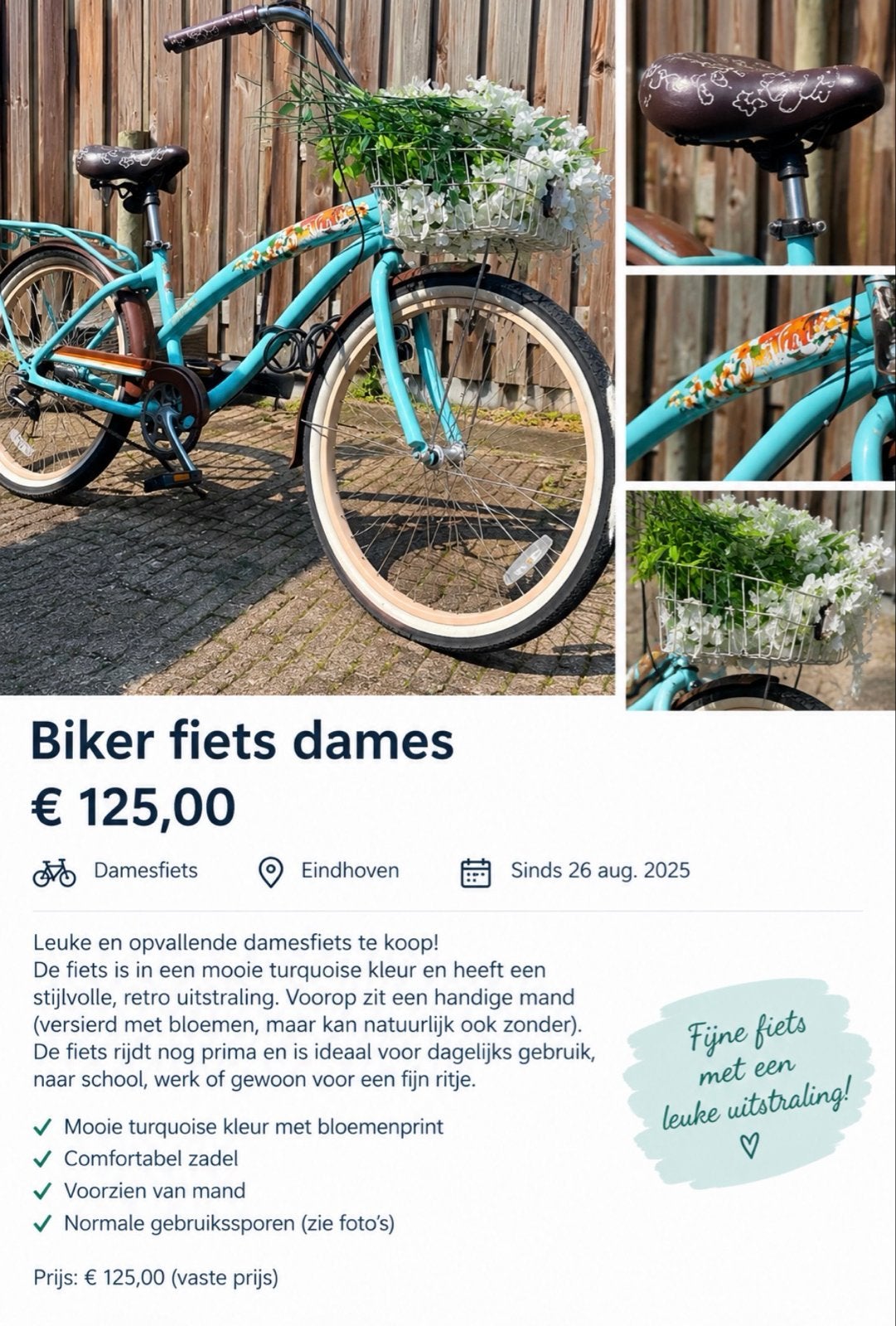 Leuke turquoise damesfiets met mand en retro uitstraling, Overige merken, Velgrem, Ophalen of Verzenden, 50 tot 53 cm