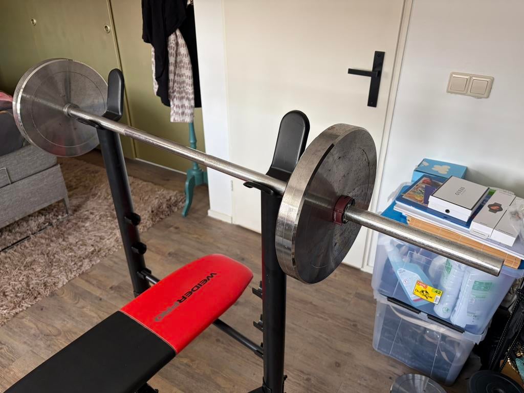 Barbell+110kg aan gewichten, Ophalen, Zo goed als nieuw