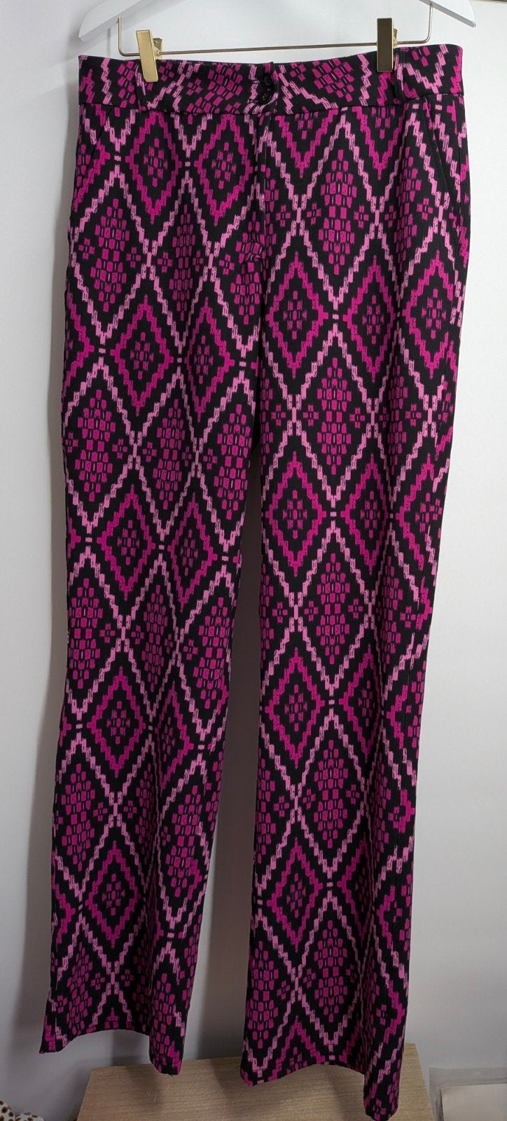 Zizo wijde pijpen broek maat 42 - Zwart/Fuchsia patroon, Zizo, Zizo, Zwart, Maat 42/44 (L)