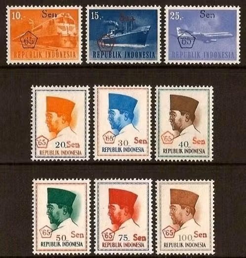 Indonesie 1965 - ZBL502-510 -Soekarno met opdruk + transport, Postzegels en Munten, Ophalen of Verzenden, Postfris, Zuidoost-Azië