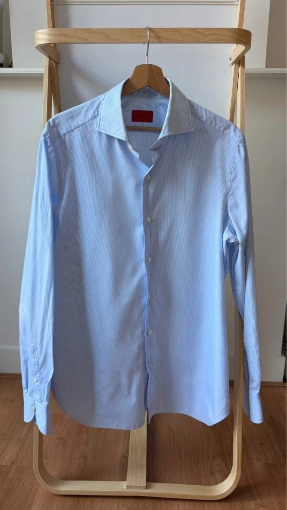 ISAIA Gestreept Katoenen Overhemd Blauw Wit Maat 42 Goede, ISAIA, Zo goed als nieuw, Halswijdte 41/42 (L), Verzenden