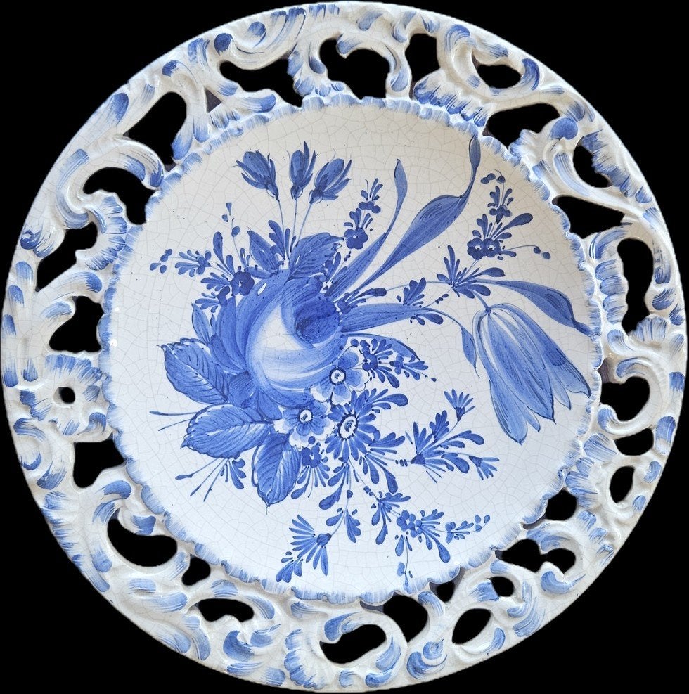 Vintage Delfts Blauw Sierbord met Opengewerkt Rand, Antiek en Kunst, Ophalen of Verzenden