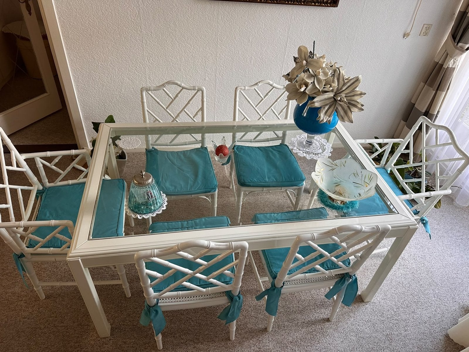 Elegante eettafel met 6 stoelen en glazen blad, Ophalen, 100 tot 150 cm, 150 tot 200 cm, Vier personen