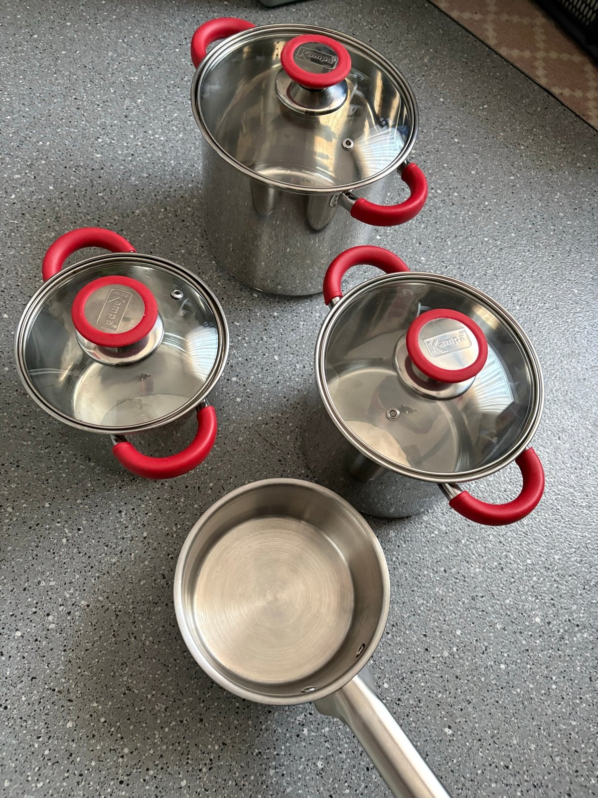 Kampa Pannenset met deksel en steelpan - 14, 16, 18 cm, Ophalen of Verzenden, Zo goed als nieuw