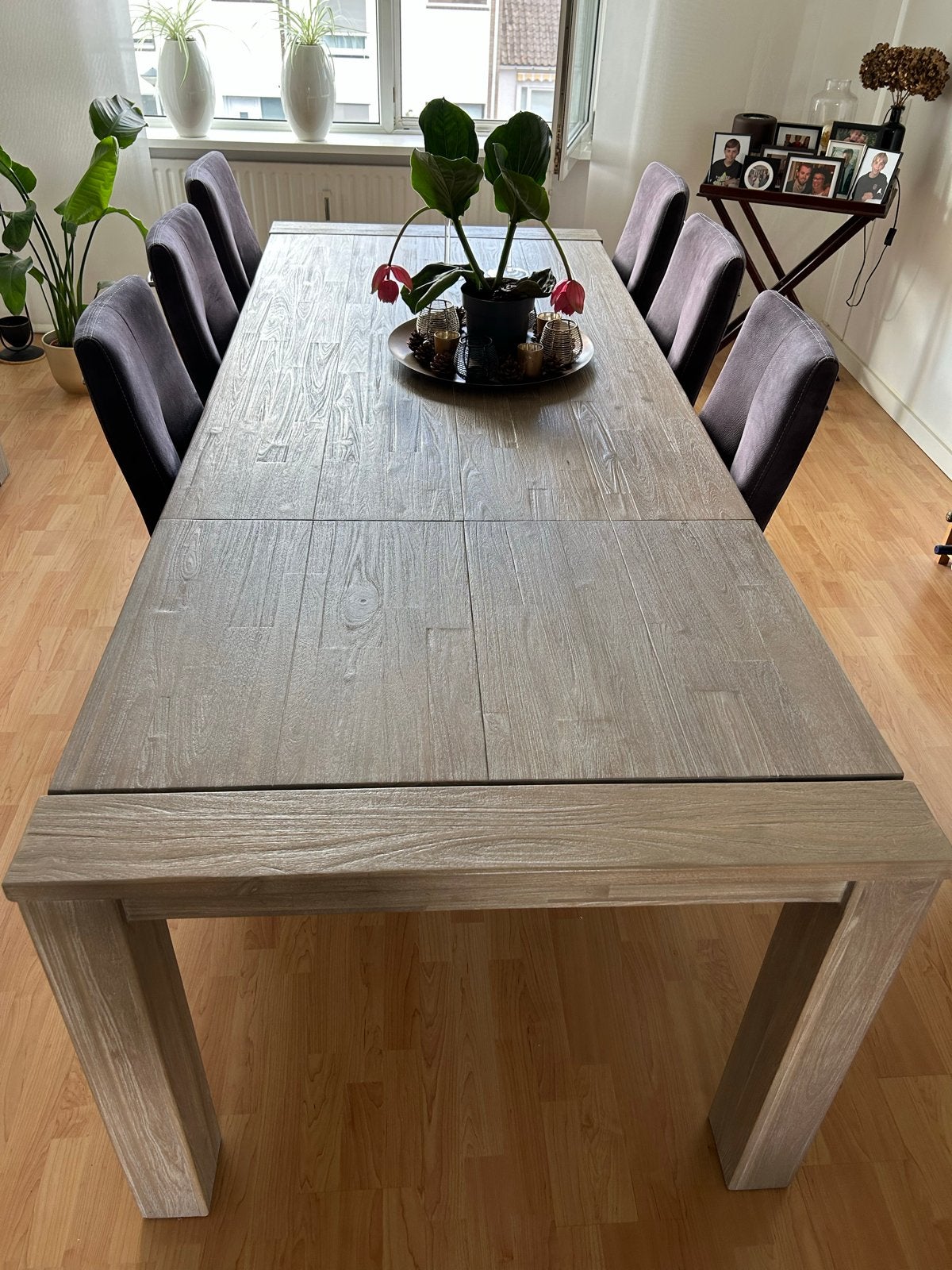 Grote uitschuifbare eettafel met 6 eetkamerstoelen, Ophalen, 50 tot 100 cm, Zo goed als nieuw, Vijf personen of meer