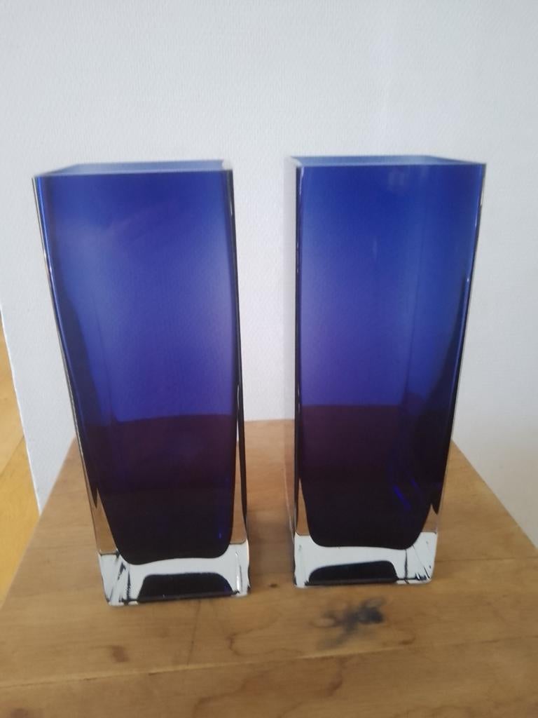 Set van 2 Kobaltblauwe Glazen Vazen - 31 cm hoog, Ophalen of Verzenden