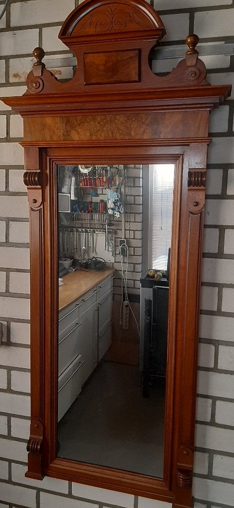 Antieke mahonie spiegel, rijk houtsnijwerk circa 1880., Ophalen, Rechthoekig, 50 tot 100 cm, 100 tot 150 cm