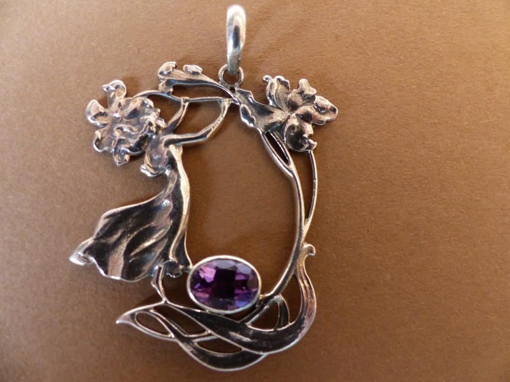 Mooie Zilveren Jugendstil Hanger met Amethist, Sieraden, Tassen en Uiterlijk, Antieke sieraden, Verzenden, Zilver, Hanger, Met edelsteen