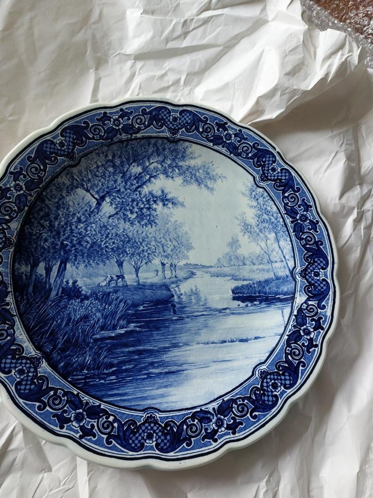 Antiek Delfts Blauw Wandbord - Rivierlandschap, Ophalen of Verzenden
