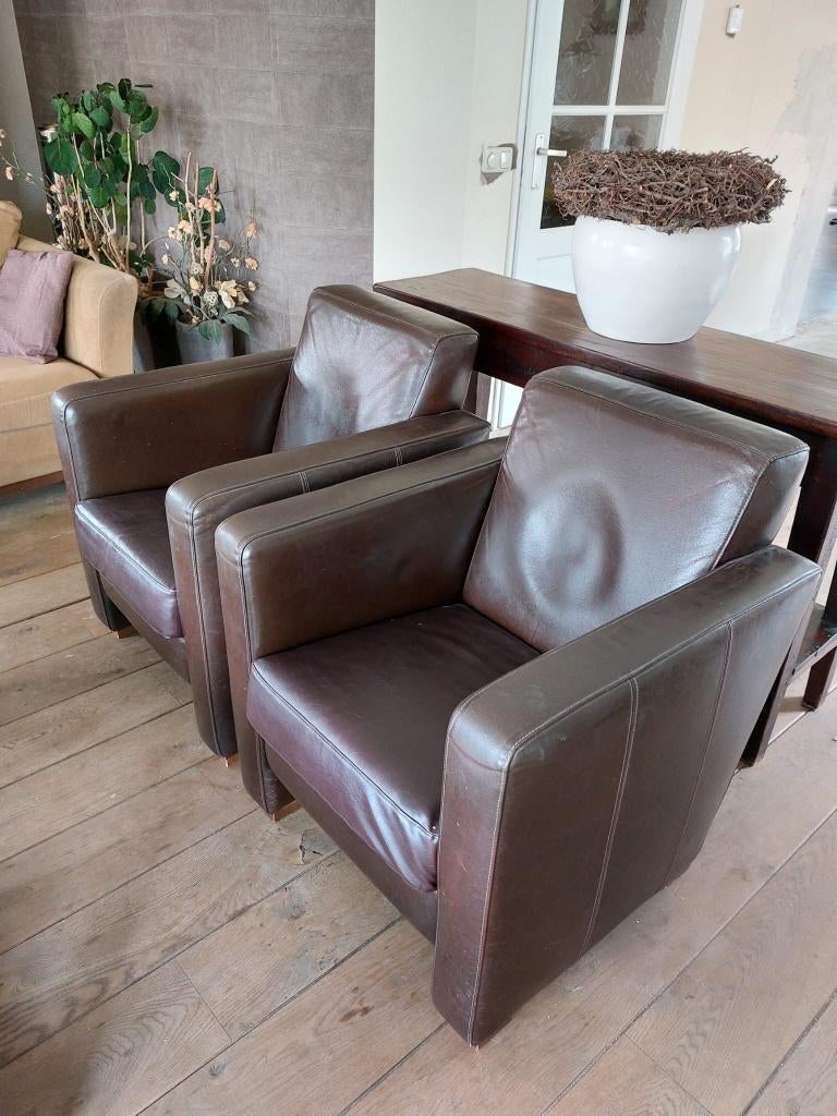 Stoere bruinleren fauteuil 2x, Ophalen, Vintage, 75 tot 100 cm, Zo goed als nieuw