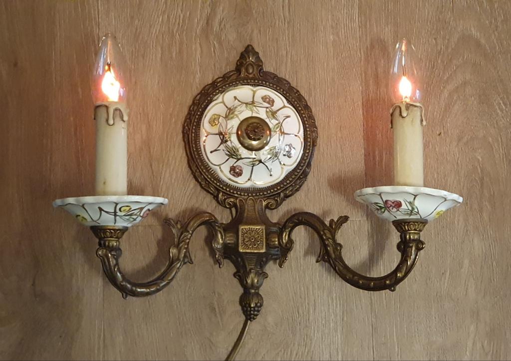 Vintage Franse wandlamp messing porselein jaren '40, Antiek en Kunst, Ophalen of Verzenden