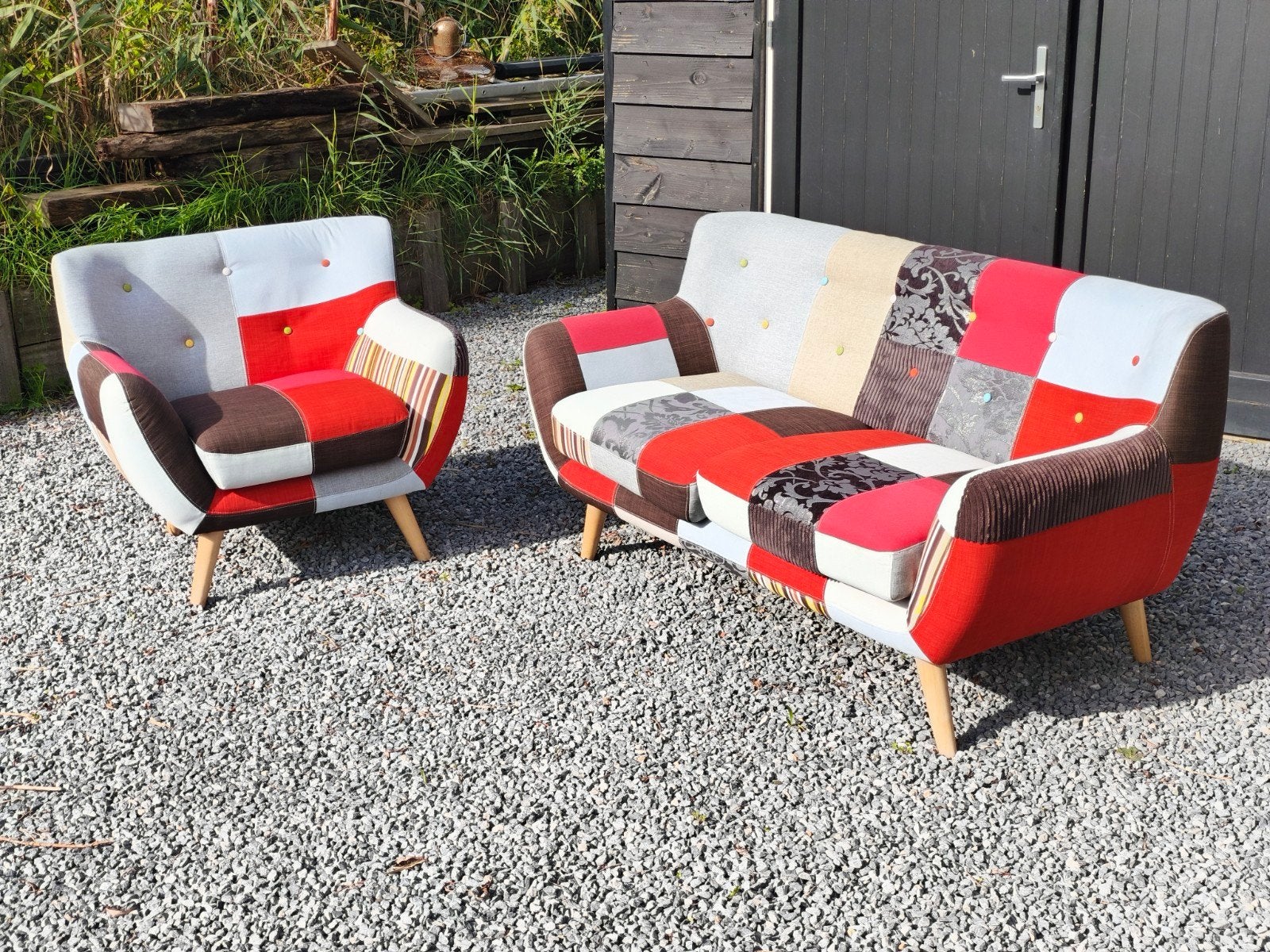 Patchwork bank en fauteuil set - Kleurrijk en uniek, Huis en Inrichting, Hout, Gebruikt, 150 tot 200 cm, Tweepersoons