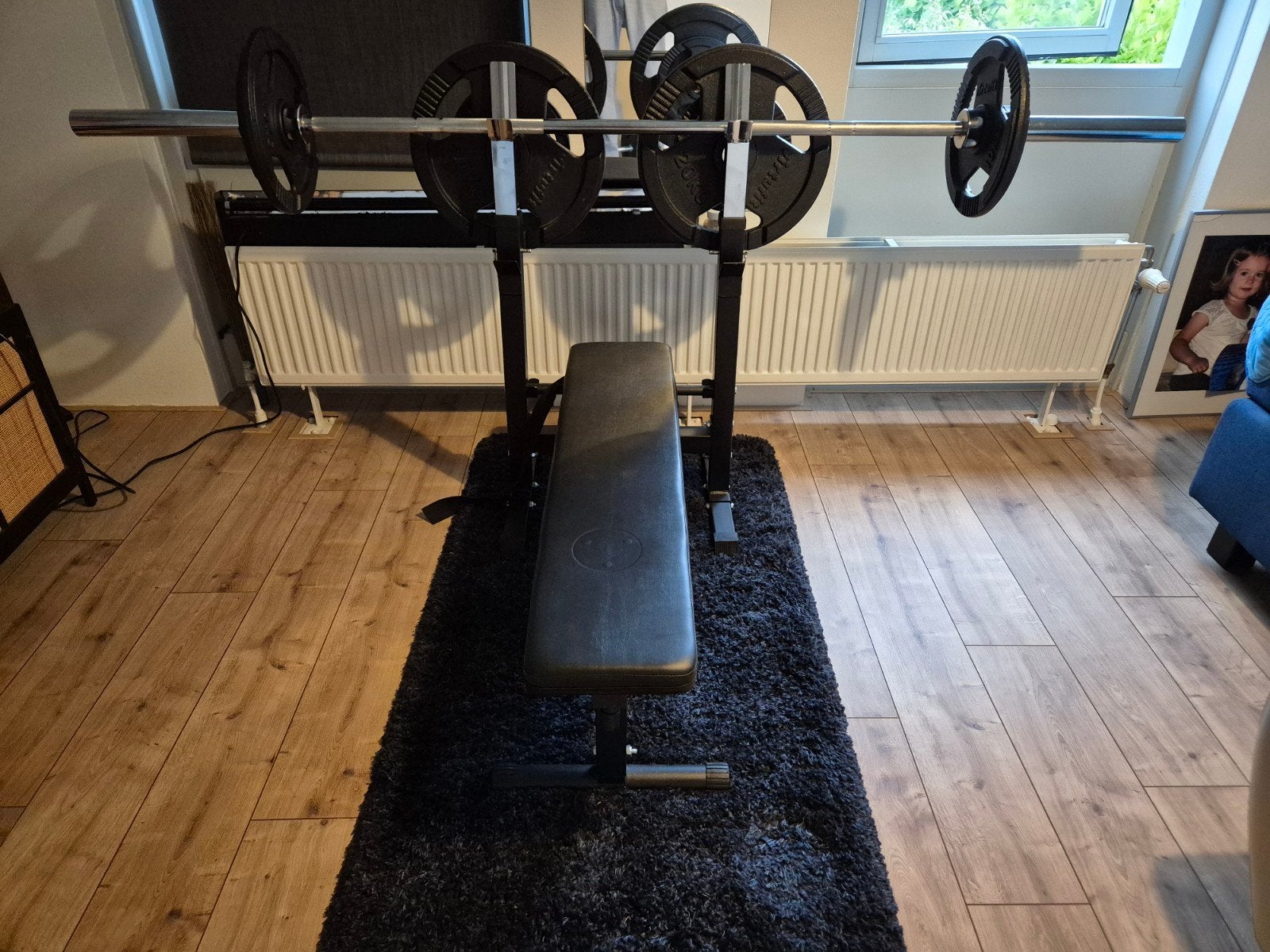 Complete VirtuFit Olympische halterset en - bank 90 kg., Ophalen, Gebruikt, Benen, Fitnessbank