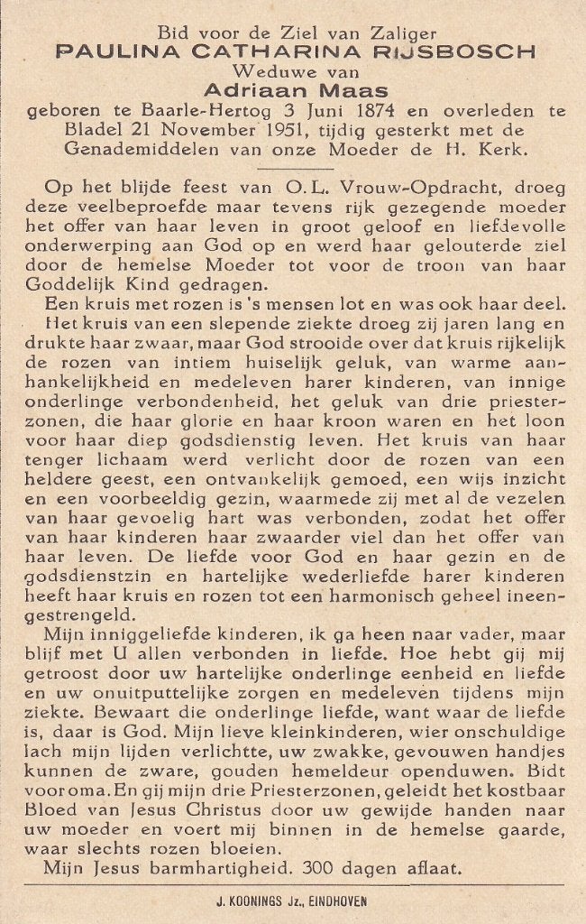 Rijsbosch Paulina 1874 Baarle- Hertog 1951 Bladel, Ophalen of Verzenden, Bidprentje