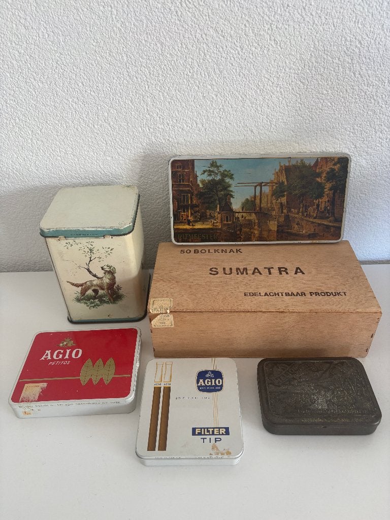 Bundel van 5 vintage sigarenblikjes en een kistje, Ophalen of Verzenden, Gebruikt, Overige, Overige merken