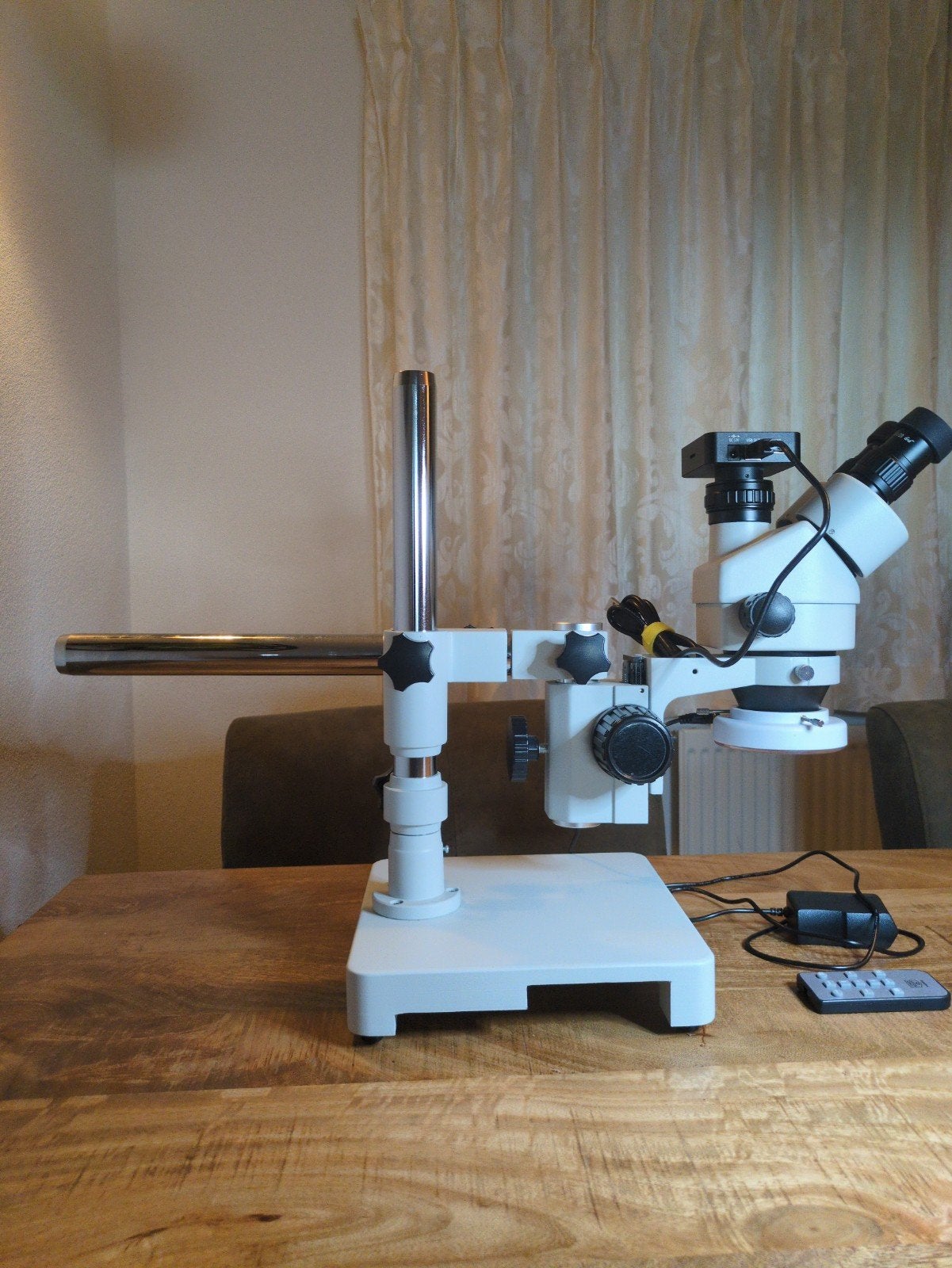 Stereomicroscoop met camera en LED-ringverlichting, Audio, Tv en Foto, Optische apparatuur | Microscopen, Ophalen, Zo goed als nieuw