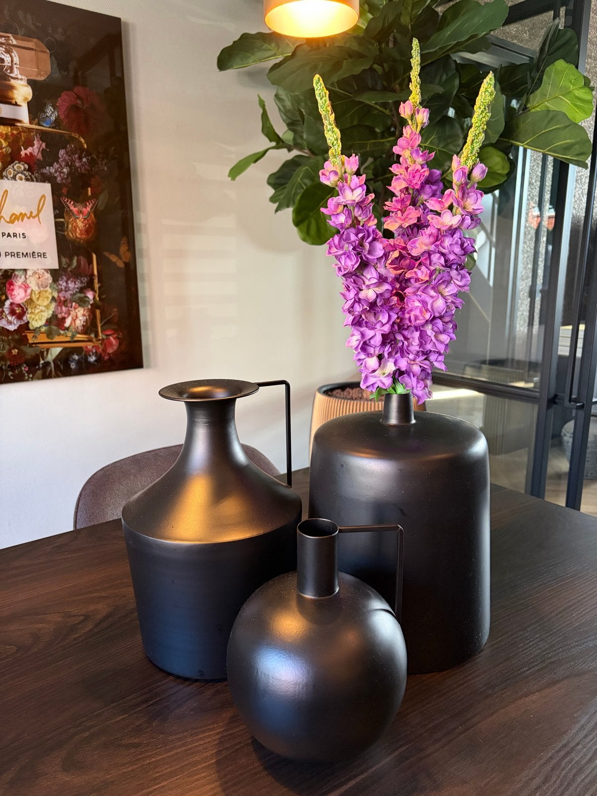 Set van 3 zwarte metalen vazen - Modern design, Zwart, Ophalen of Verzenden, Zo goed als nieuw, Metaal