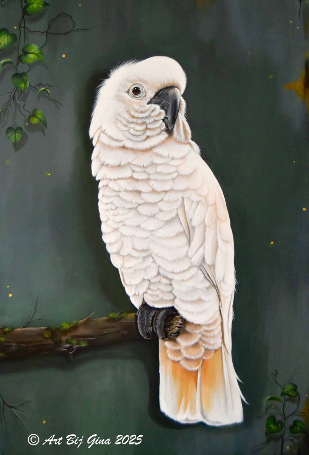 Kaketoe delight..Groot schilderij met een kaketoe op een tak, Ophalen, Gelimiteerde oplage, Acrylverf, Dieren