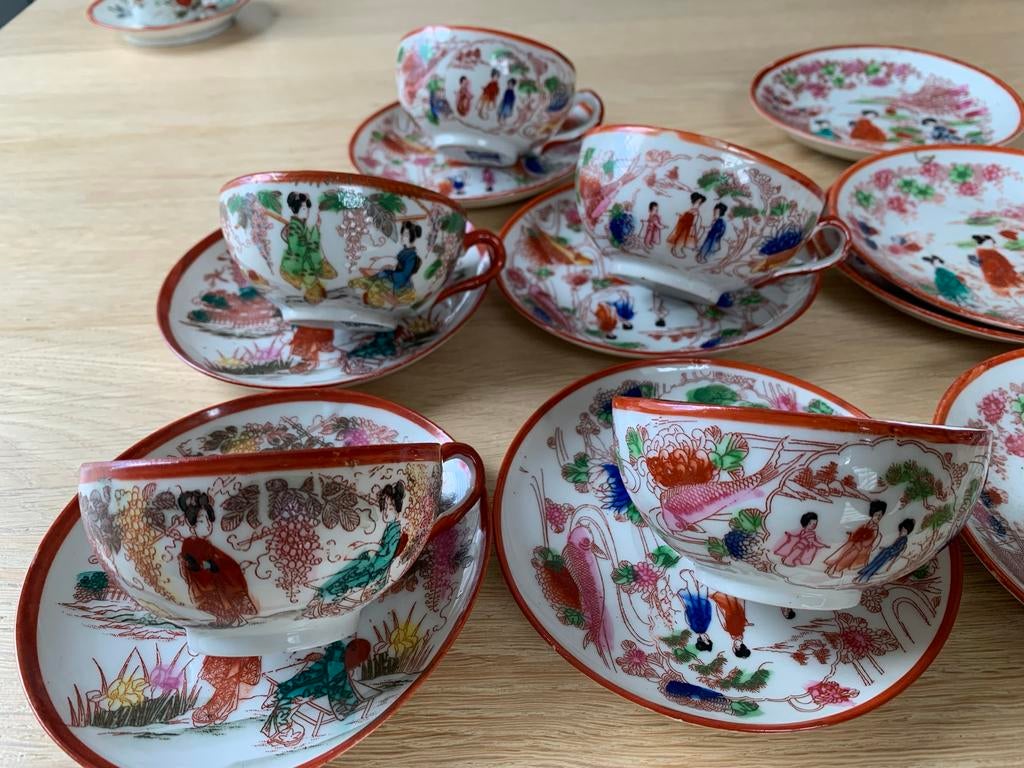 Set van 16 Japanse theekopjes met schotels, Satsuma stijl, Ophalen of Verzenden