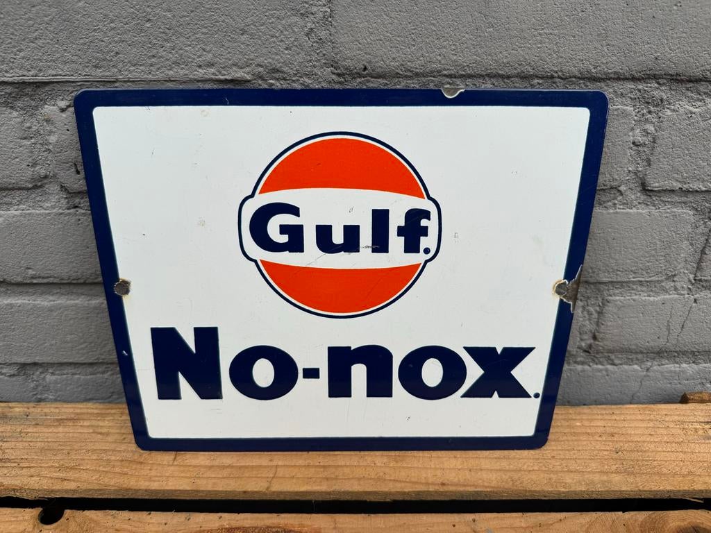 Vintage Gulf No-nox Emaille Reclamebord, Verzamelen, Ophalen of Verzenden, Gebruikt, Reclamebord