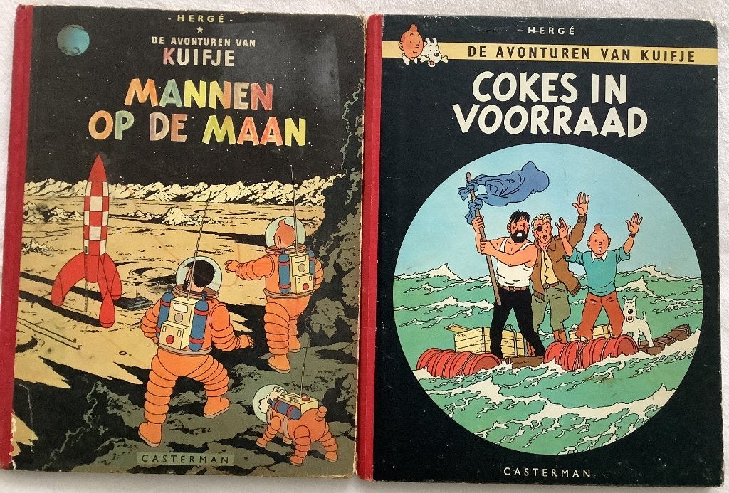 HERGÉ Kuifje Mannen op de maan en Cokes in voorraad 1e drukk, Boeken, Gelezen, Ophalen of Verzenden, Meerdere stripboeken, Hergé