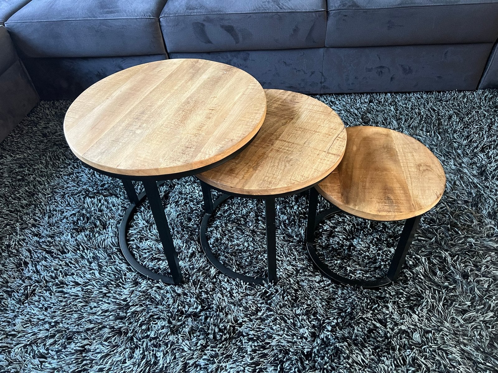 Set van 3 ronde salontafels - mangohout en metaal, Ophalen, 50 – 75, Minder dan 50 cm, Rond