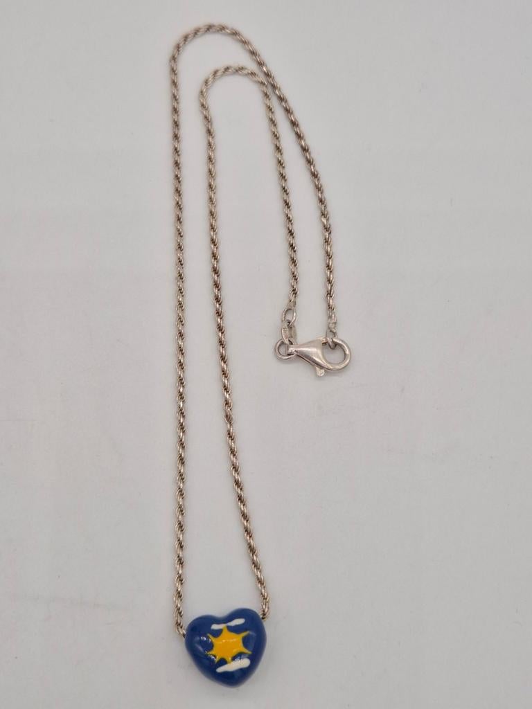 Zilveren ketting met emaille hart hanger 925, Met hanger, Gebruikt, Verzenden, Zilver
