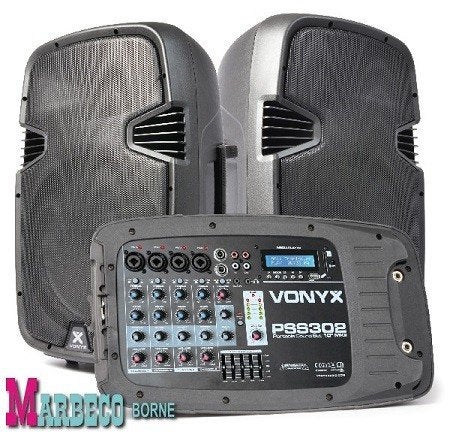 Mobiele Geluidset, Power mixer,Speakers 10" SD,USB,MP3,Stand, Stereo speakers, Vonyx, Nieuw, Info@marbeco.nl
