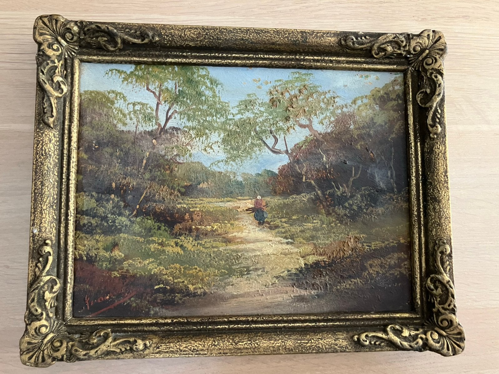 Schilderij olieverf op paneel landschap met figuur, Antiek en Kunst, Kunst | Schilderijen | Klassiek, Ophalen of Verzenden