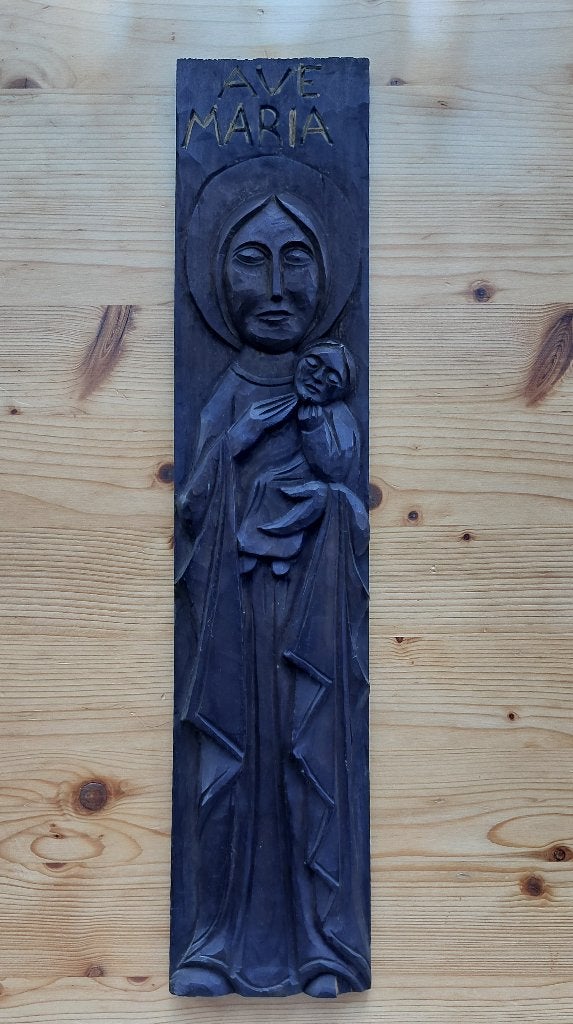 Vintage mariabeeld, houtsnijwerk, reliëf, Ophalen of Verzenden, Gebruikt, Beeld(je)
