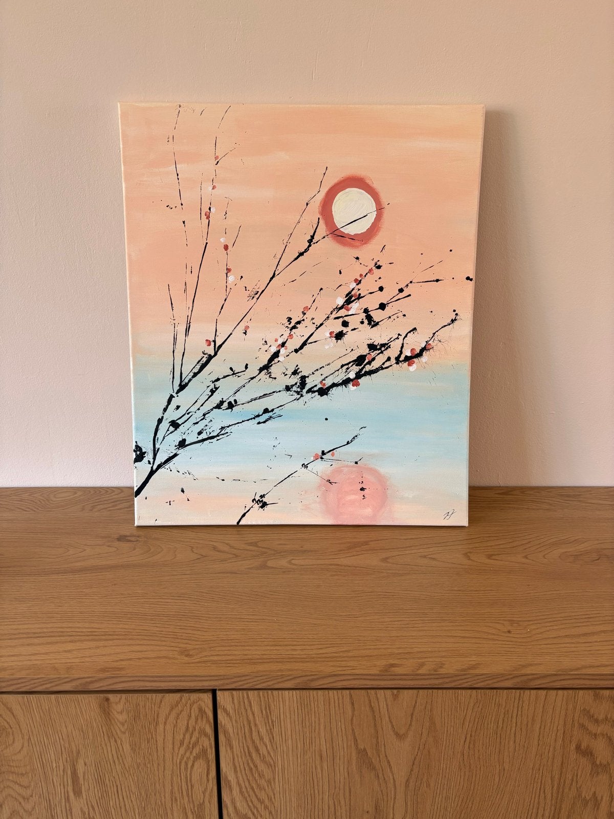 Origineel Japandi Schilderij - Abstracte Takken 45x56 cm, Ophalen, Abstract, Acrylverf, Handgeschilderd