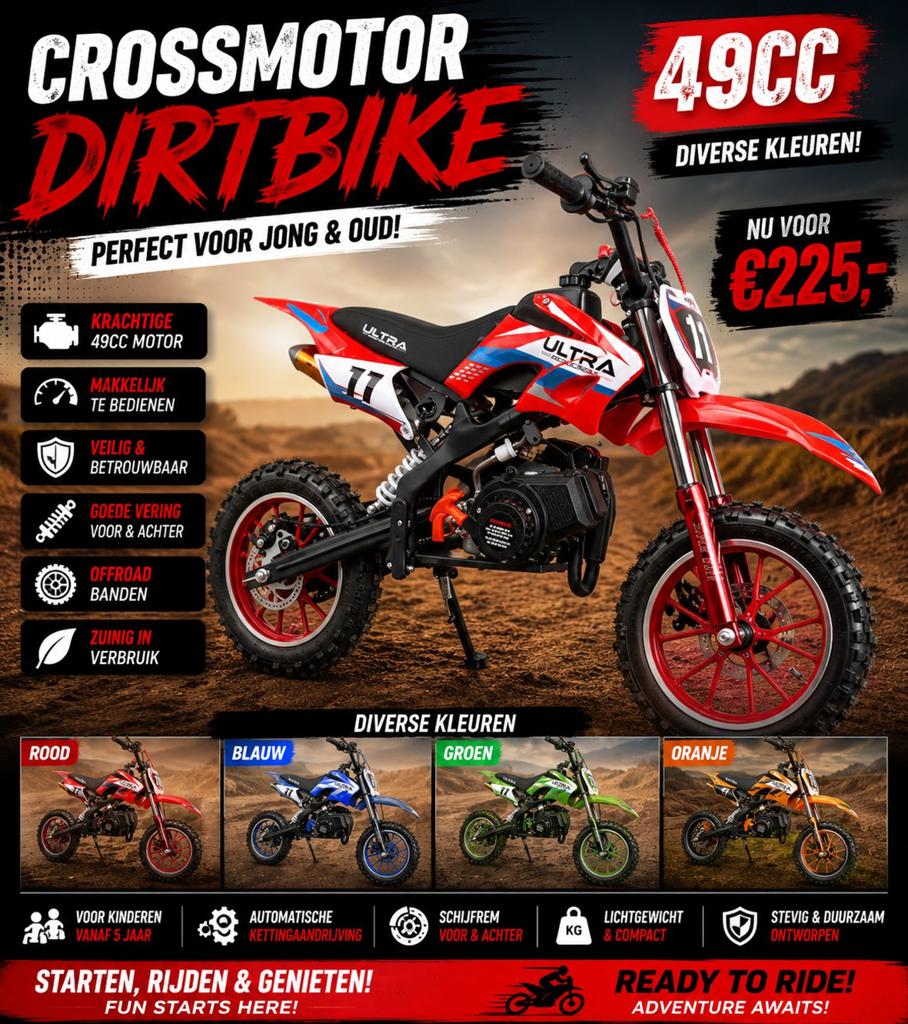 Crossmotor Dirtbike 49cc - Diverse kleuren, Fietsen en Brommers, Minibikes, Midibikes en Pitbikes, Ultra, Nieuw, Ophalen of Verzenden