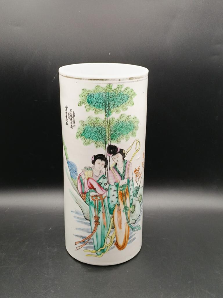 Fraaie Antieke Chinese Hoedenvaas Rolwagen Cylinder 27cmH, Ophalen of Verzenden