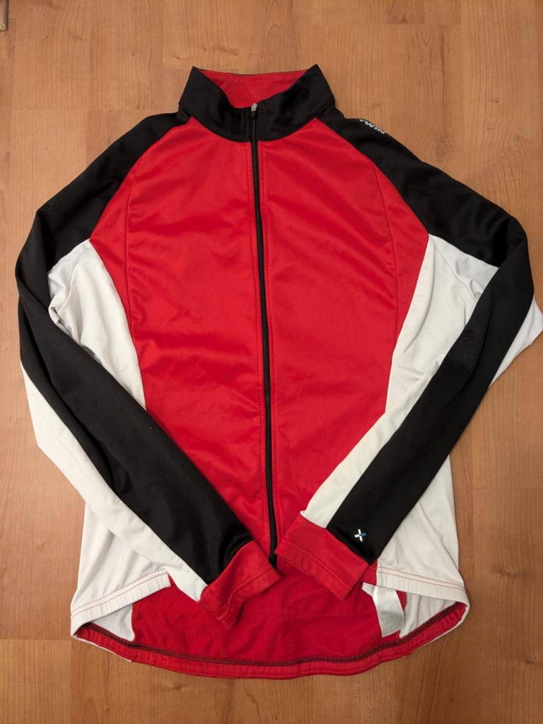 B'Twin fietsjack rood/zwart/wit - Maat L, Maat 52/54 (L), Ophalen of Verzenden, Zo goed als nieuw, Hardlopen of Fietsen