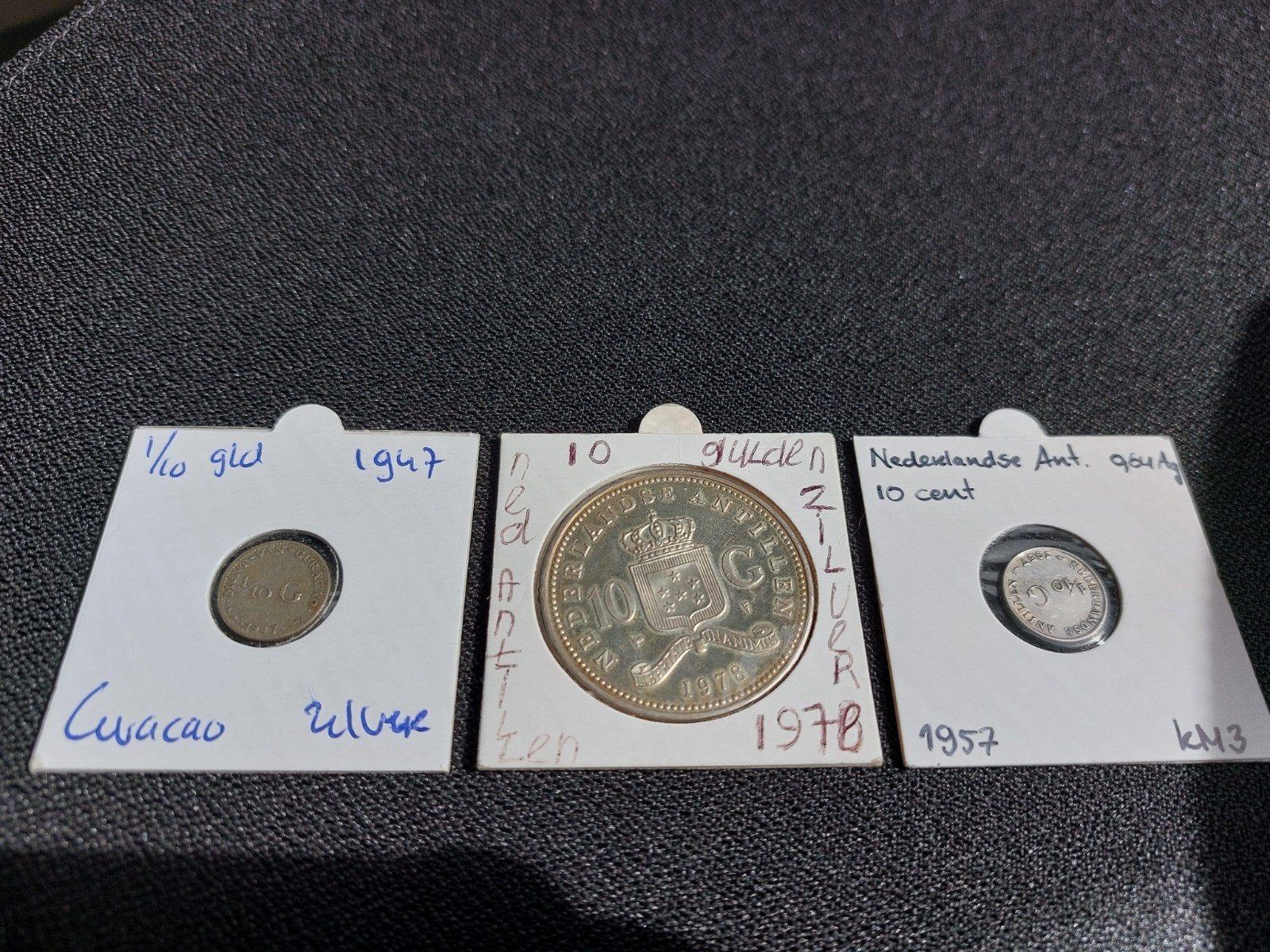 10 gulden 1978 & 2 x 1/10 gulden 1947 1957 Antillen - Zilver, Koningin Juliana, Zilver, Ophalen of Verzenden, Losse munt