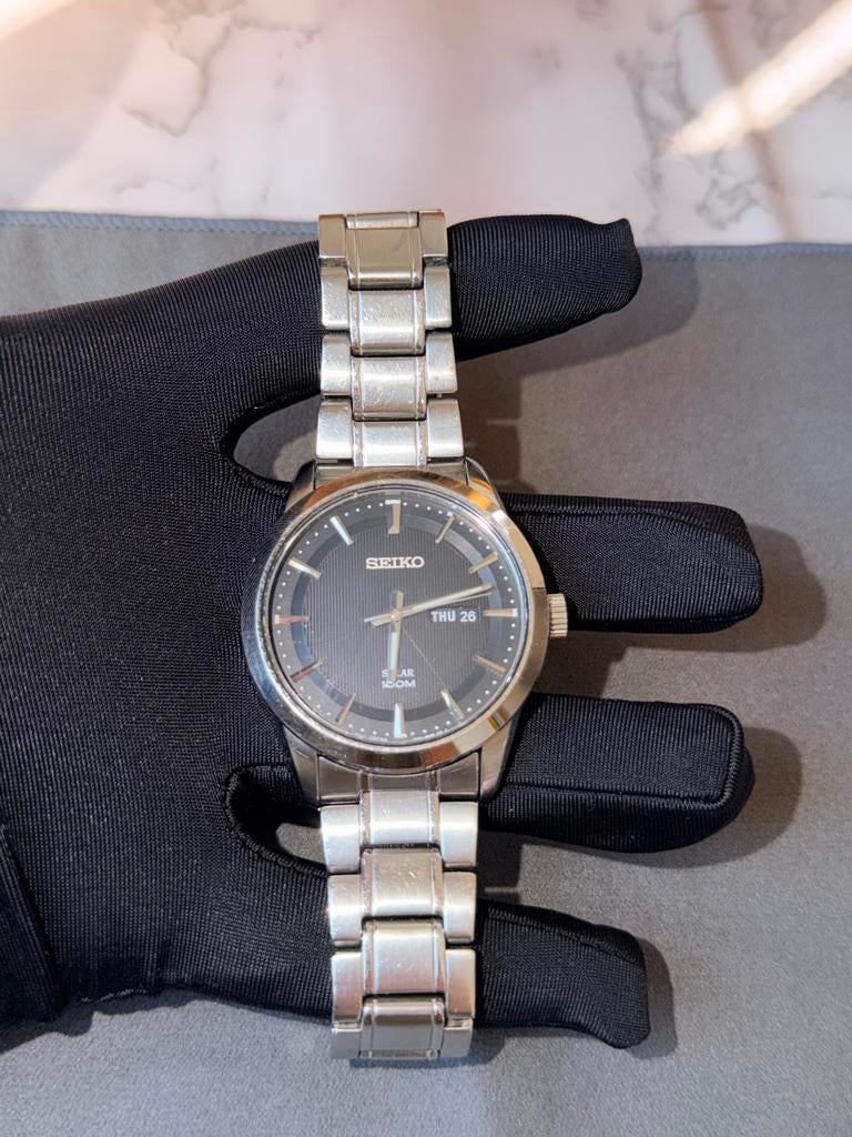 Seiko Solar 100M herenhorloge met doos en papieren, Seiko, Gebruikt, Staal, Polshorloge