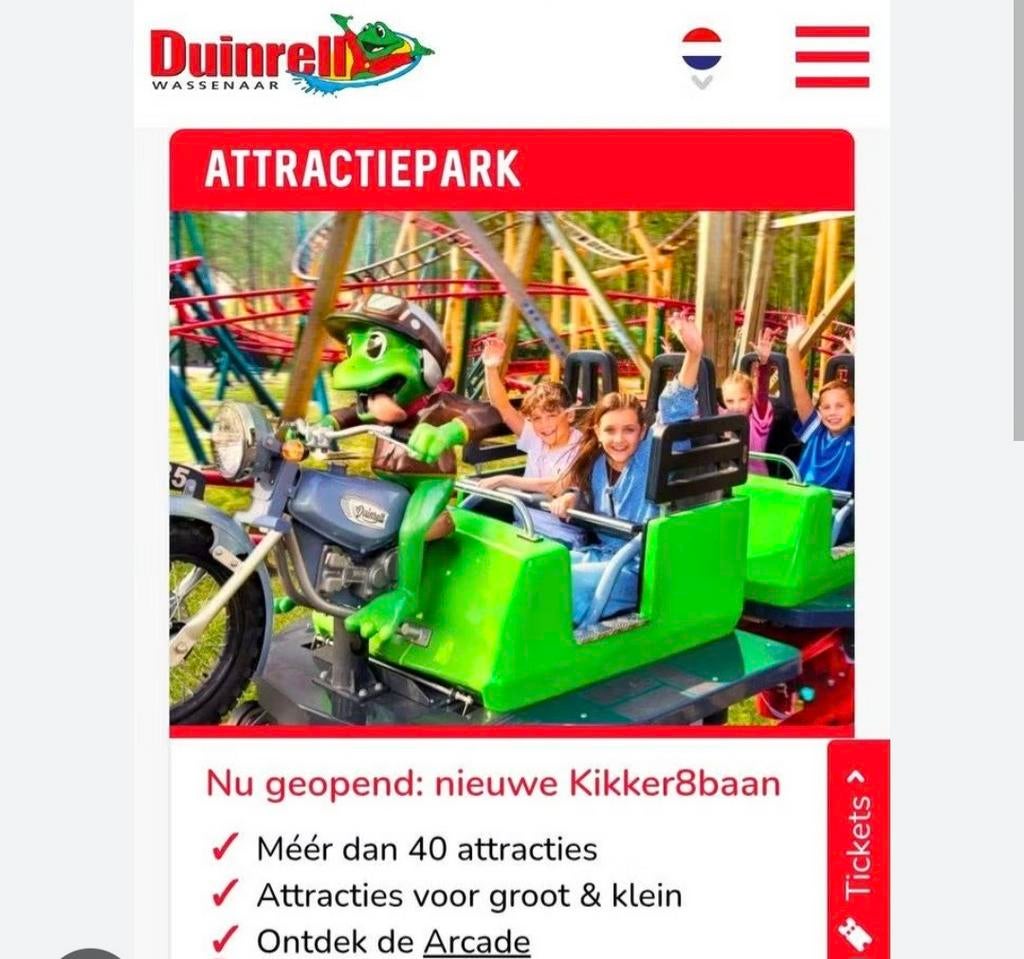 5 tickets Duinrell voor 50euro. Geldig op zondag 10 mei 2026, Drie personen of meer, Ticket of Toegangskaart
