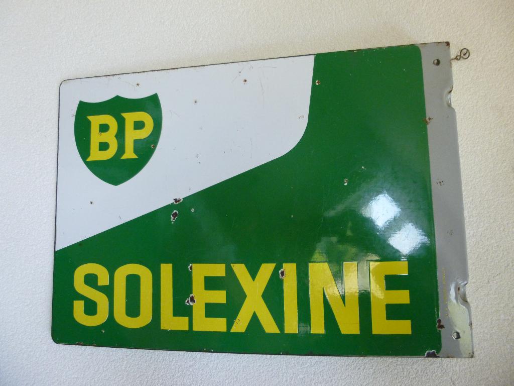 EMAILLE DUBBELZIJDIG RECLAME BORD"BP SOLEXINE "UIT 1962, Verzamelen, Ophalen of Verzenden, Gebruikt, Reclamebord