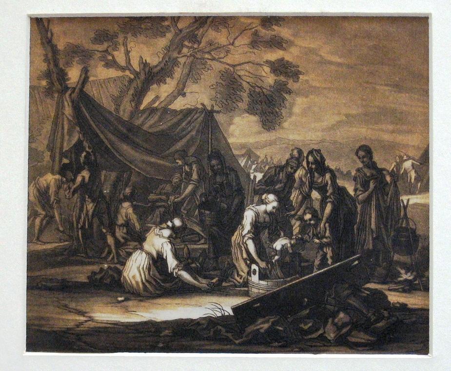 Aquatint Rugendas 1702 tentenkamp zigeuners geboorte baby, Antiek en Kunst, Ophalen of Verzenden, Overige technieken