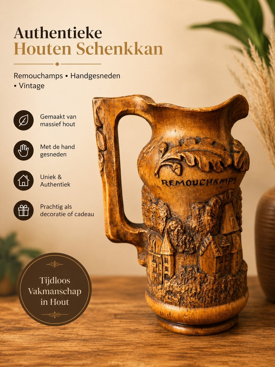 Houten schenkkan Remouchamps België, Houtsnijwerk, Ophalen of Verzenden, Handgemaakt, 20 - 50 cm