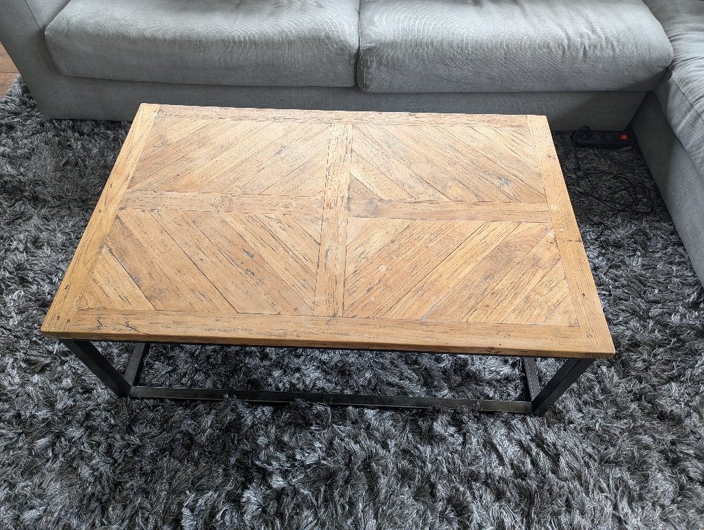 Teakhout salontafel met metalen onderstel, Ophalen, Gebruikt, 50 tot 100 cm, Industrieel Landelijk