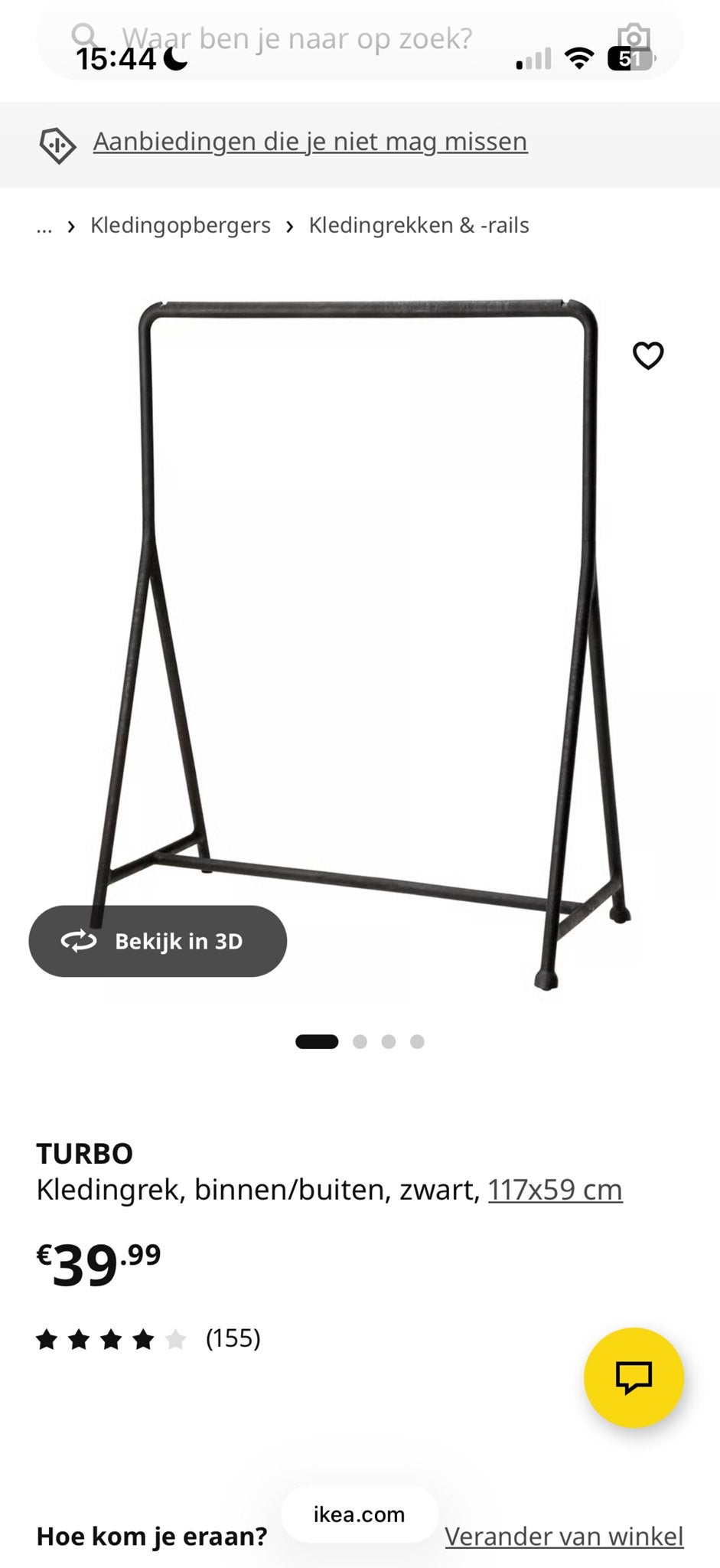 IKEA Turbo Kledingrek - Zwart, 117x59 cm, Kleding | Dames, Kledingrekken, Ophalen, Met wielen, Zo goed als nieuw