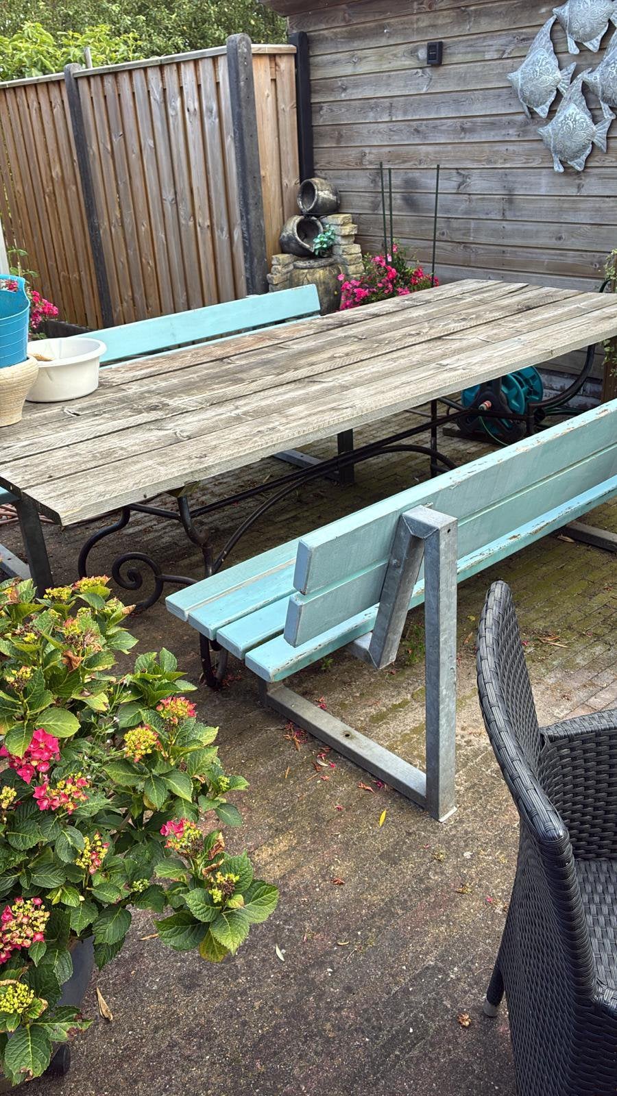 Bijzondere tuintafel incl. 2 banken., Ophalen, Gebruikt, Rechthoekig, Hout